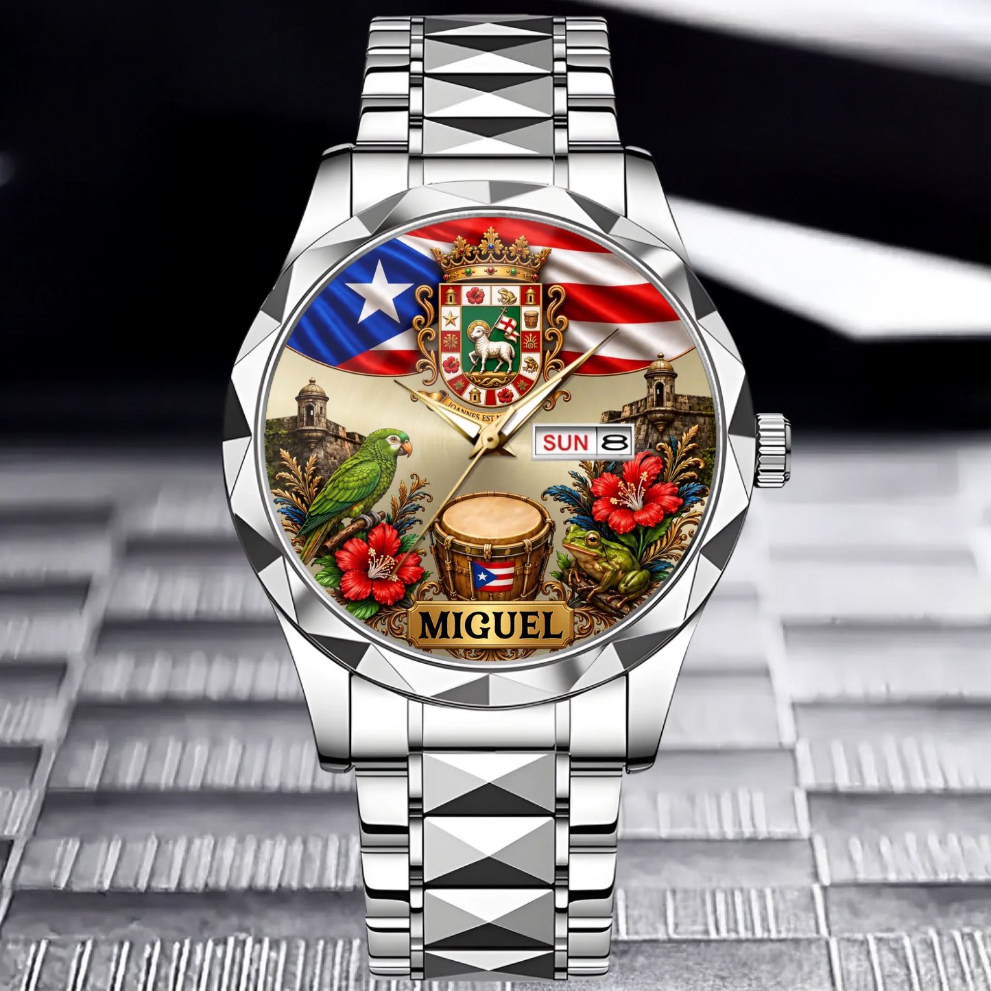 Silver Luxury Business Style waterproof personalized Puerto Rican pride watch