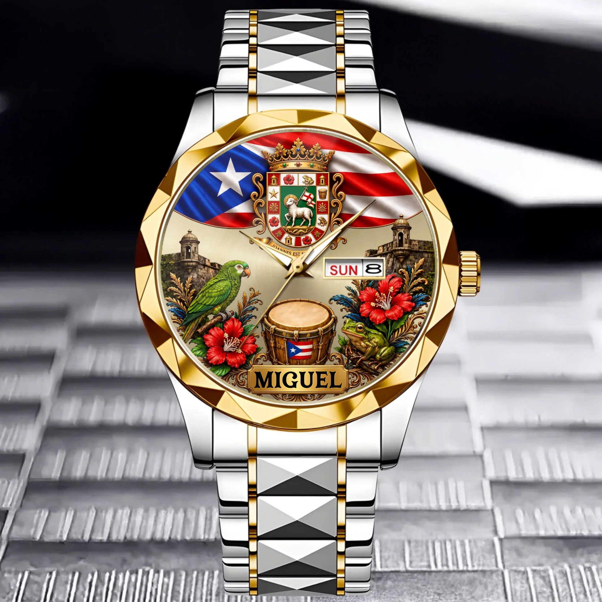 Silver gold Luxury Business Style waterproof custom Puerto Rican pride watch