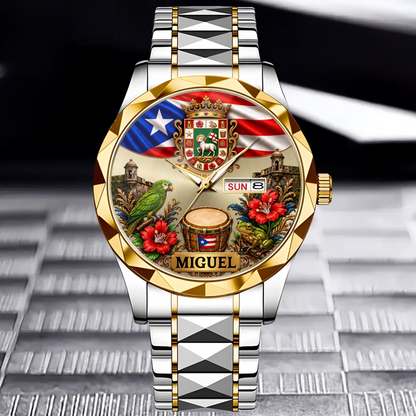 Silver gold Luxury Business Style waterproof custom Puerto Rican pride watch