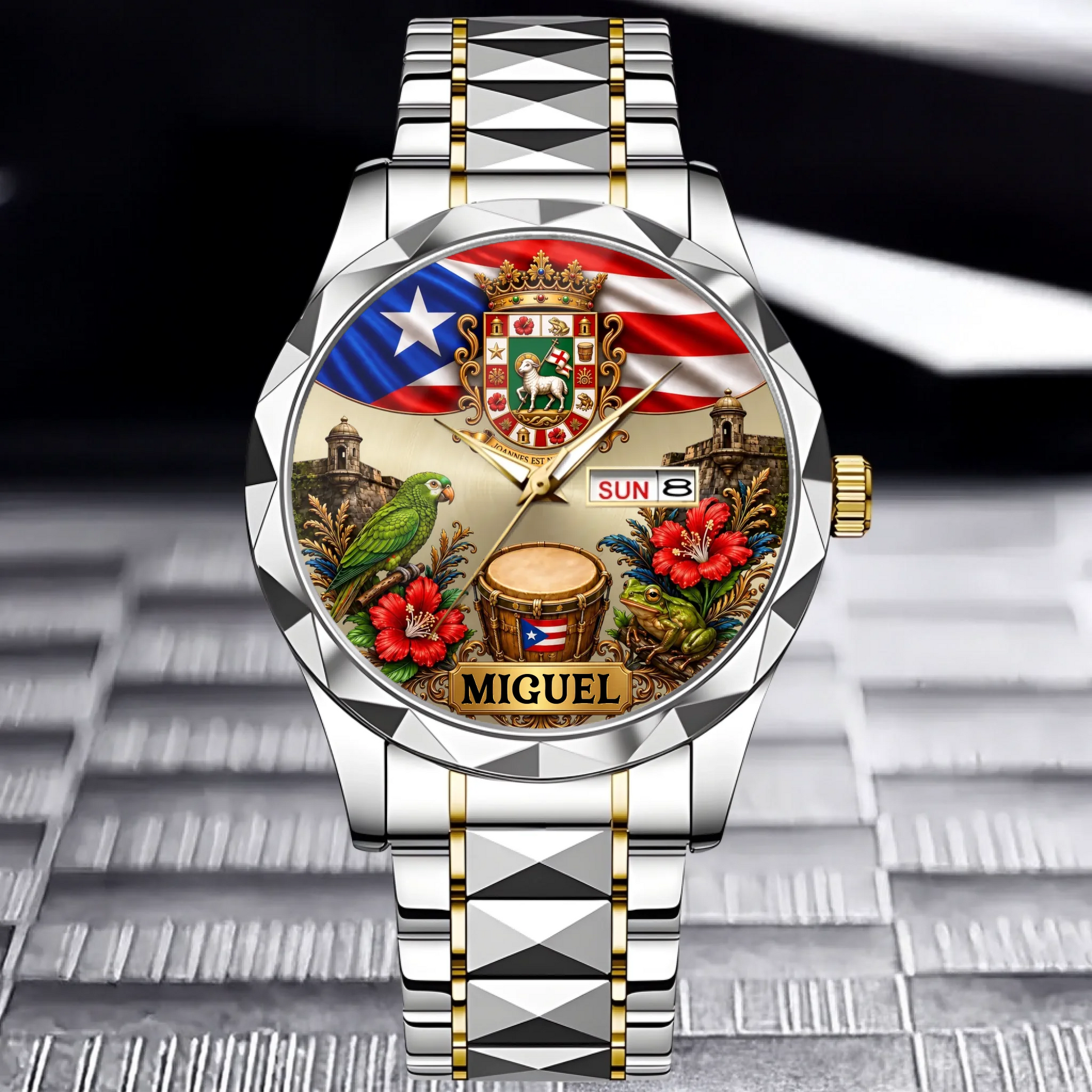 Silver gold chain Luxury Business Style waterproof Puerto Rican pride watch