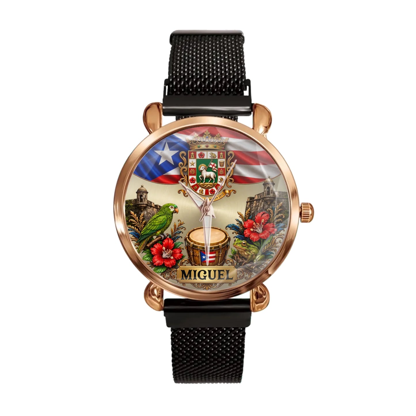 Black women's metal strap Puerto Rican pride custom name watch