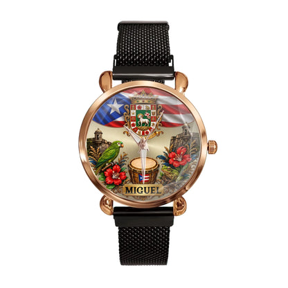 Black women's metal strap Puerto Rican pride custom name watch