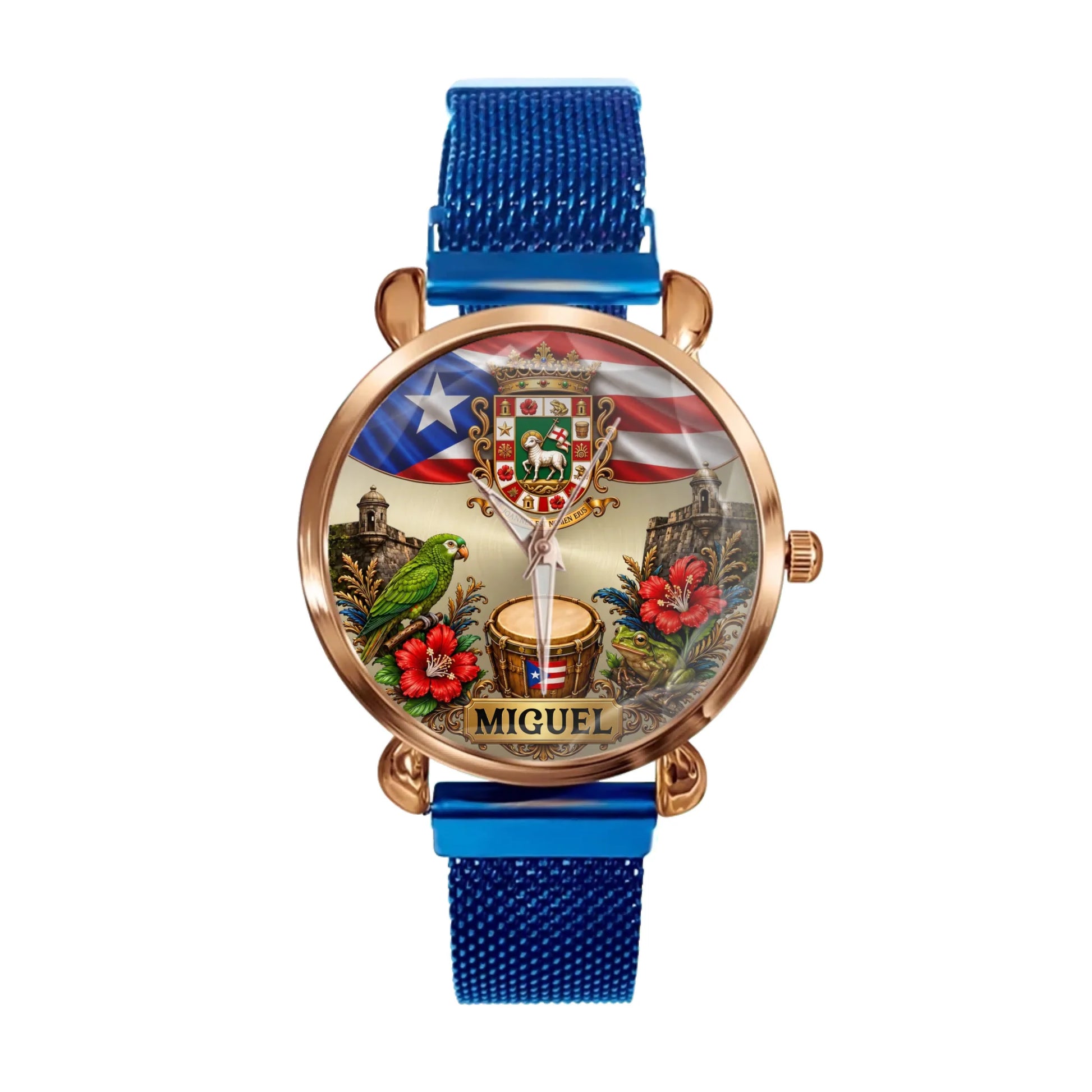 Blue women's metal strap personalized Puerto Rican pride watch