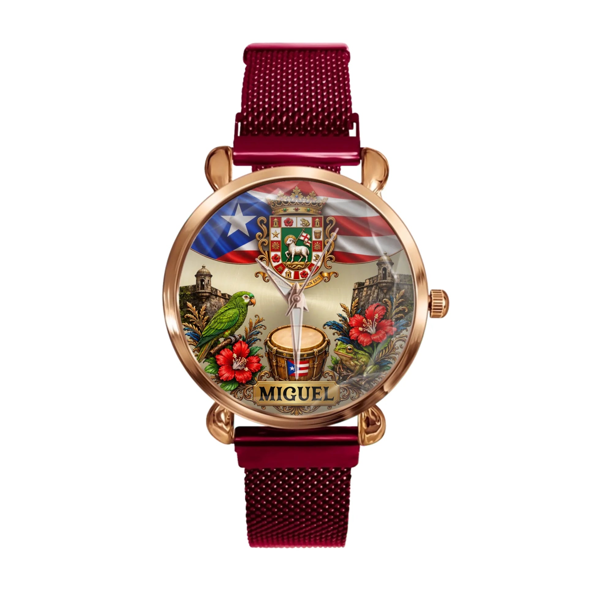 Red women's metal strap Personalized Puerto Rican Pride Watch gift