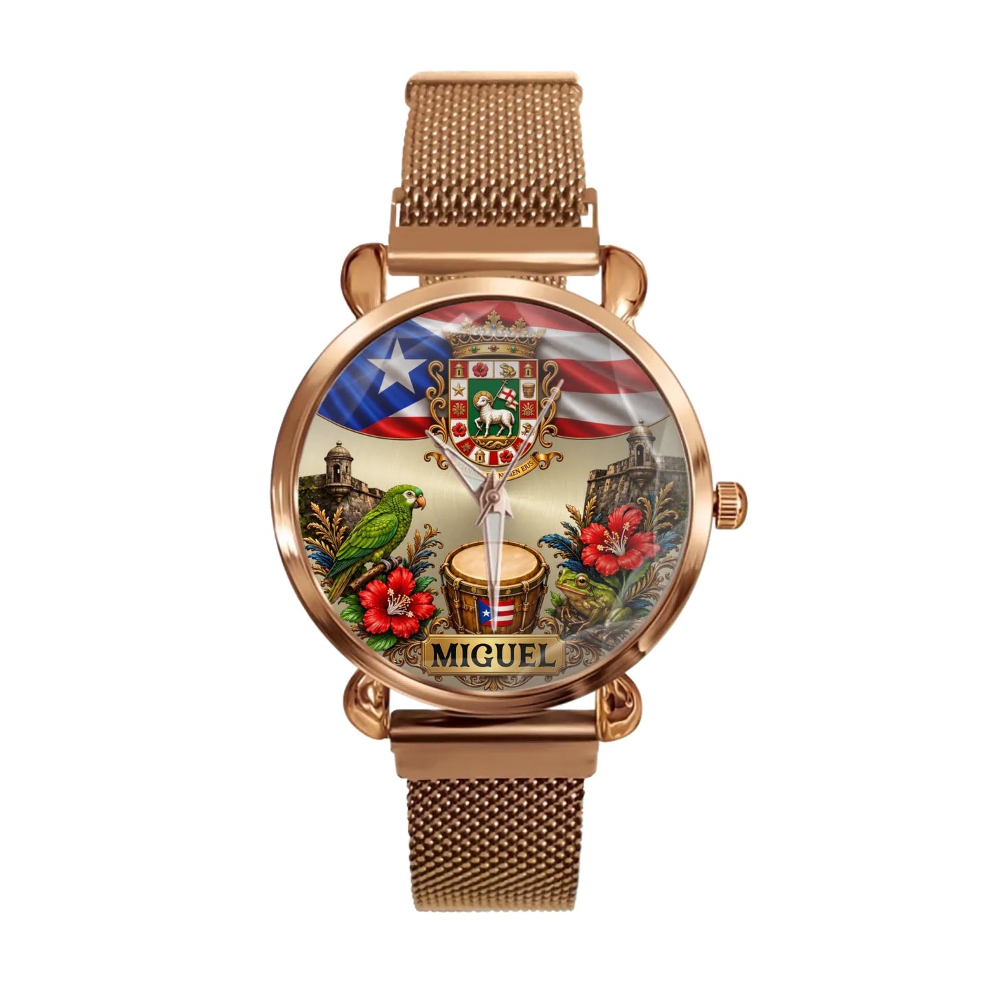 Yellow women's metal strap Puerto Rican pride personalized watch
