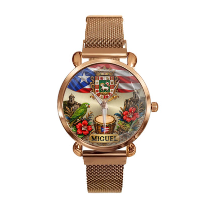 Yellow women's metal strap Puerto Rican pride personalized watch