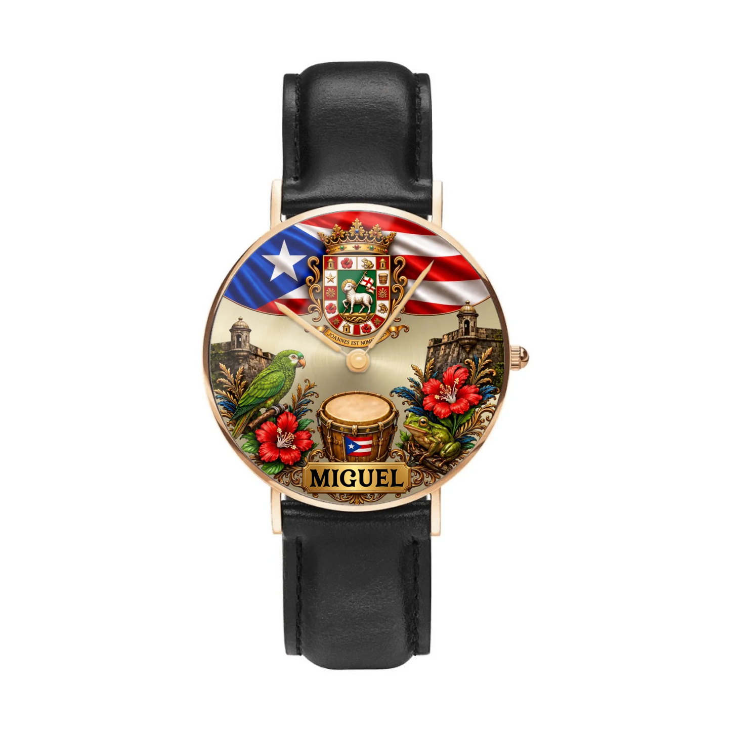 Gold women's leather strap Puerto Rican pride custom name watch