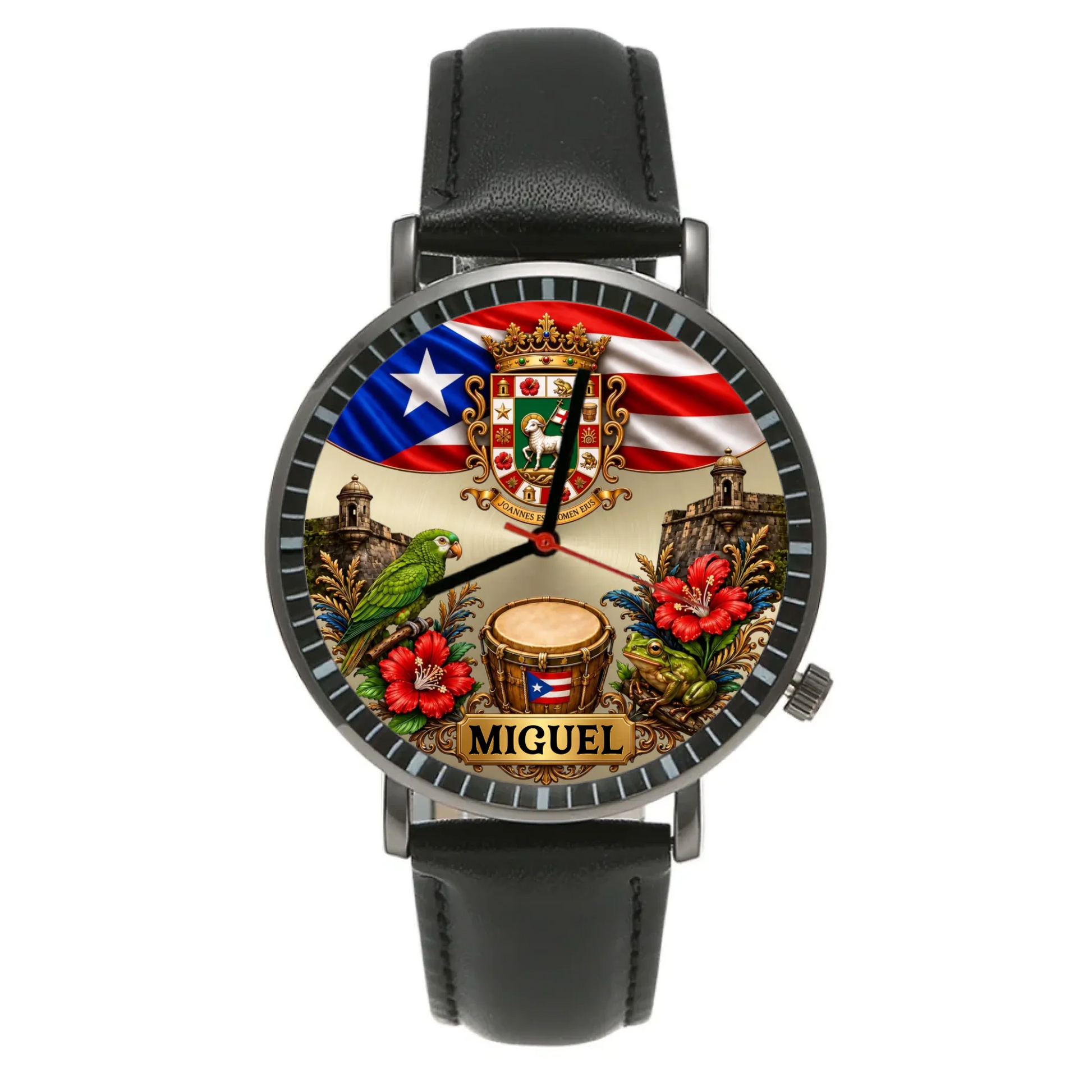 Black men's leather strap Personalized Puerto Rican Pride Watch