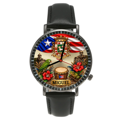 Black men's leather strap Personalized Puerto Rican Pride Watch