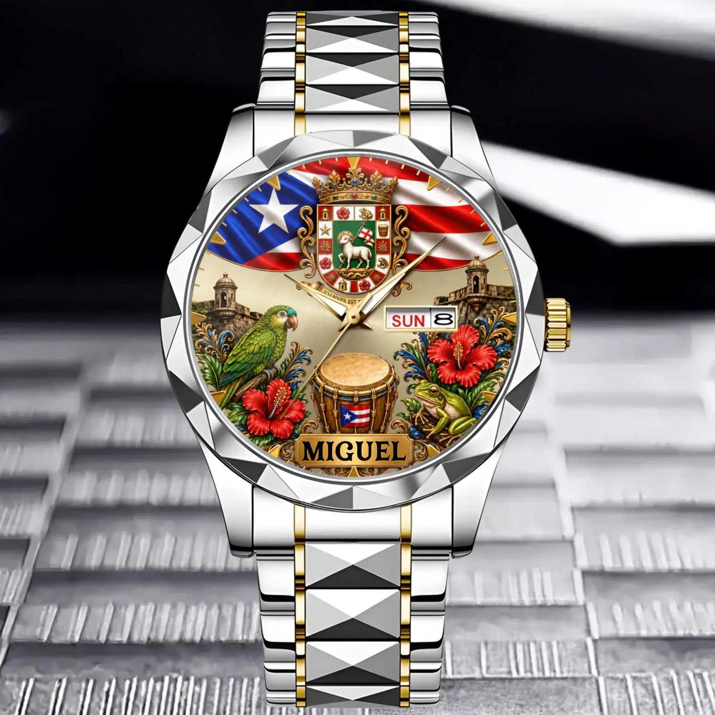 Personalized Puerto Rican Pride Watch - silver and gold chain color option