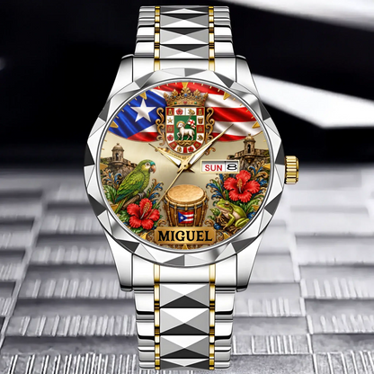 Personalized Puerto Rican Pride Watch - silver and gold chain color option
