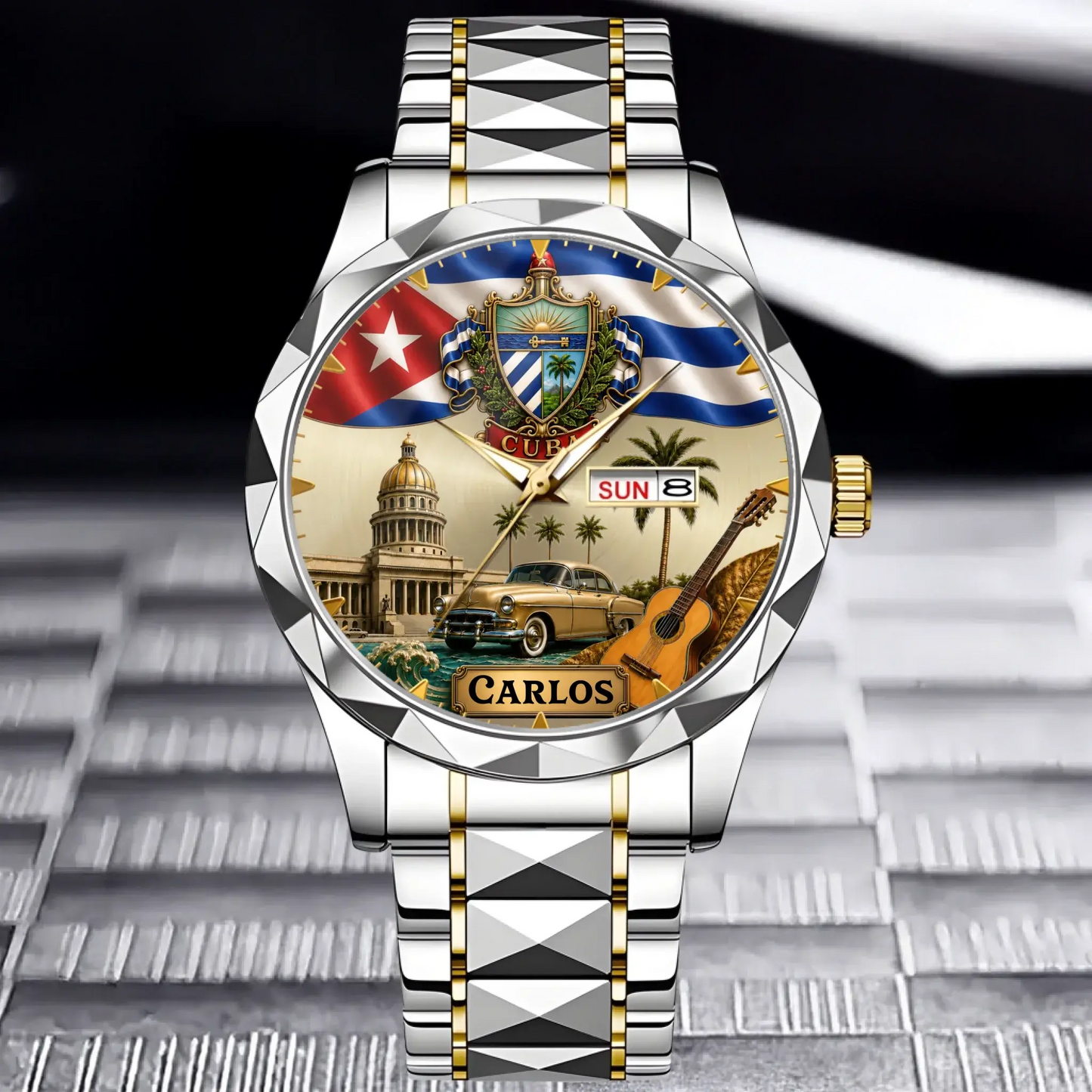 Personalized Cuban Heritage Watch - silver and gold chain color option