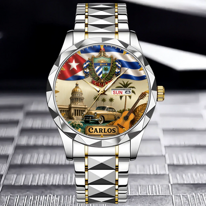 Personalized Cuban Heritage Watch - silver and gold chain color option