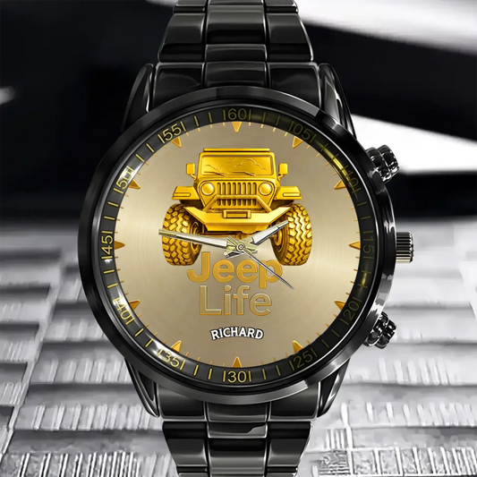 Personalized Jeep Life watch with custom name Richard and black metal strap