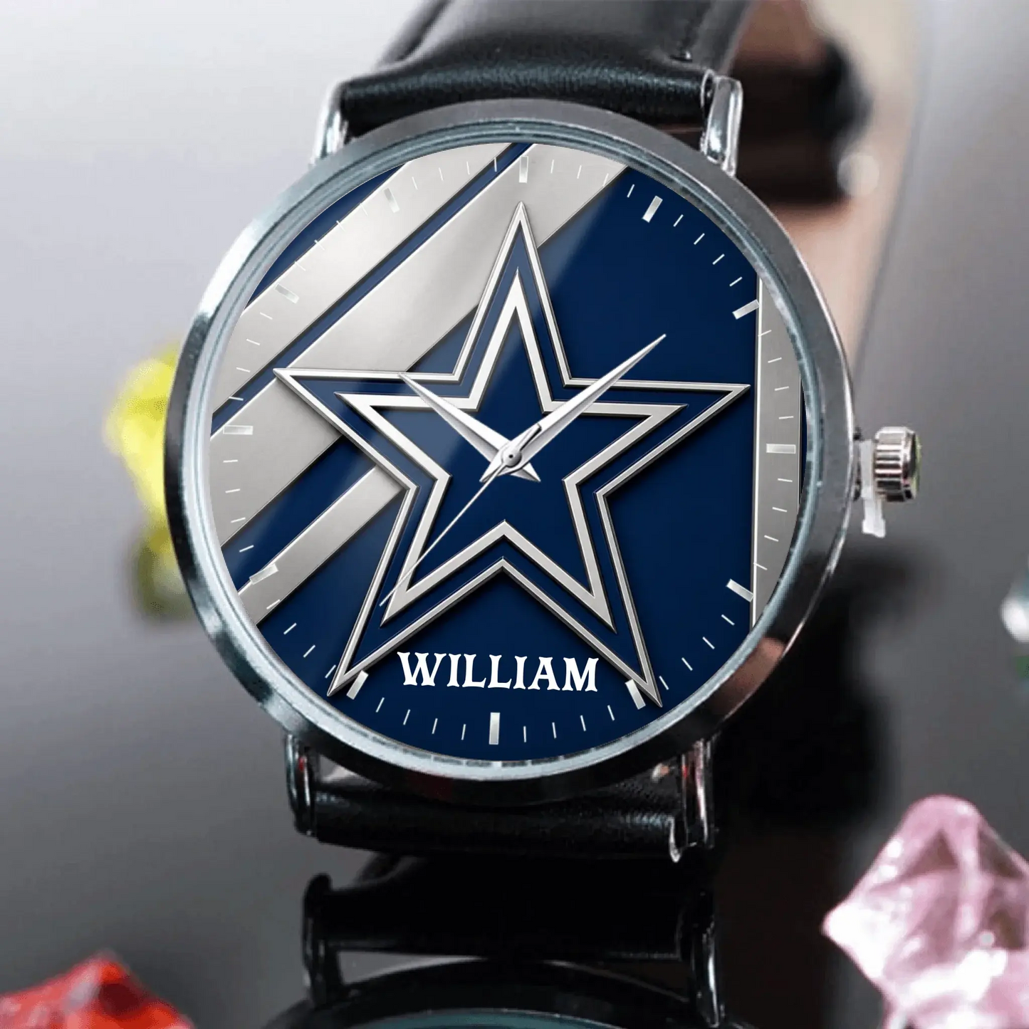 Personalized men's football watch with custom name, silver case, and black leather strap