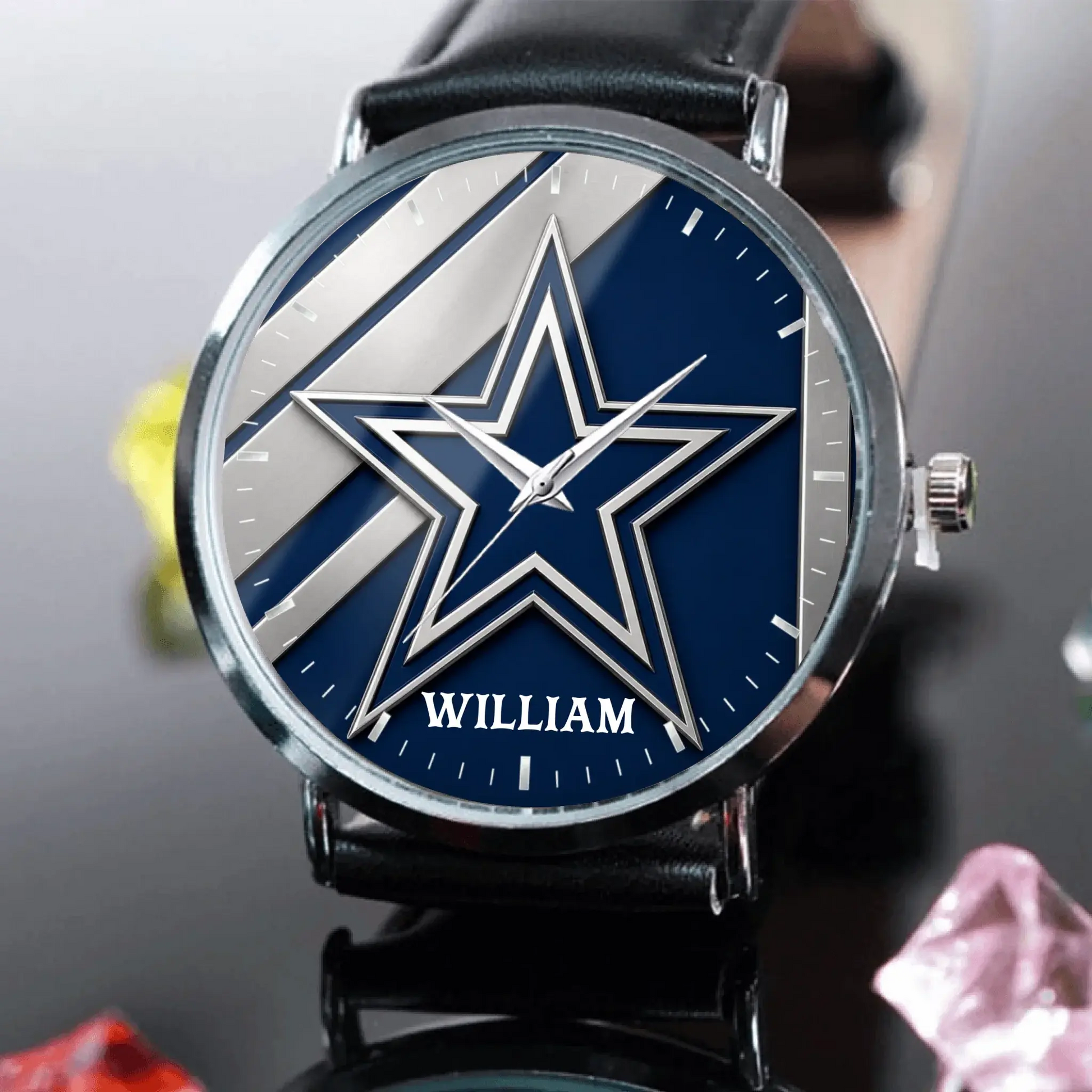 Personalized men's football watch with custom name, silver case, and black leather strap