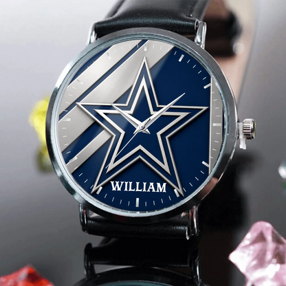 Personalized men's football watch with custom name, silver case, and black leather strap