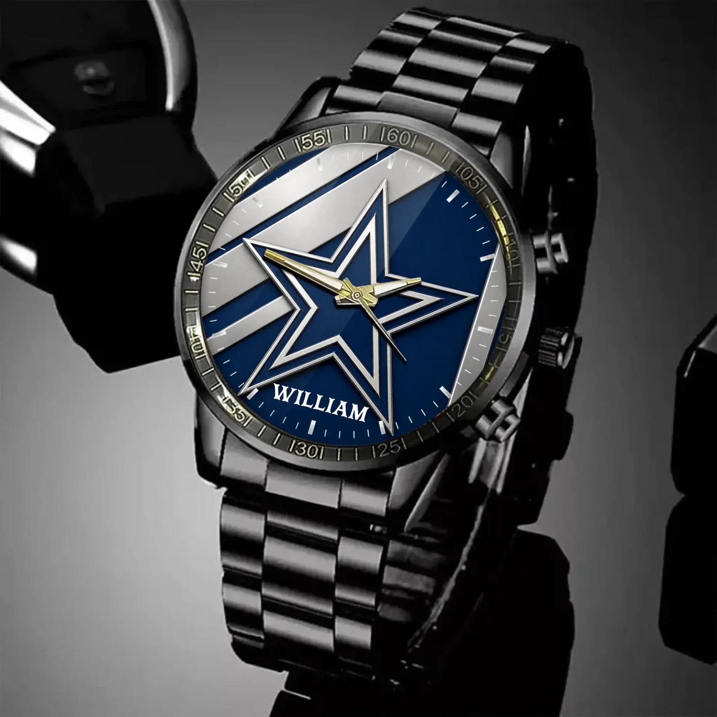 Personalized Dallas football men's watch with black metal strap and blue and silver dial
