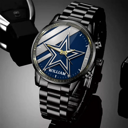 Personalized Dallas football men's watch with black metal strap and blue and silver dial