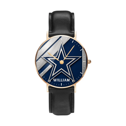 Personalized women's football watch with custom name, rose gold case, and black leather strap