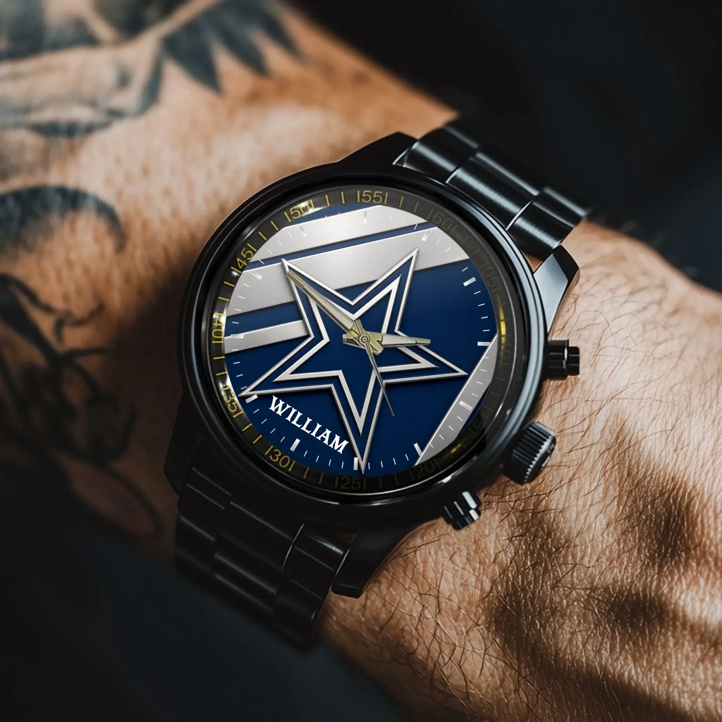 Football fan wearing a personalized blue and silver men's custom name watch