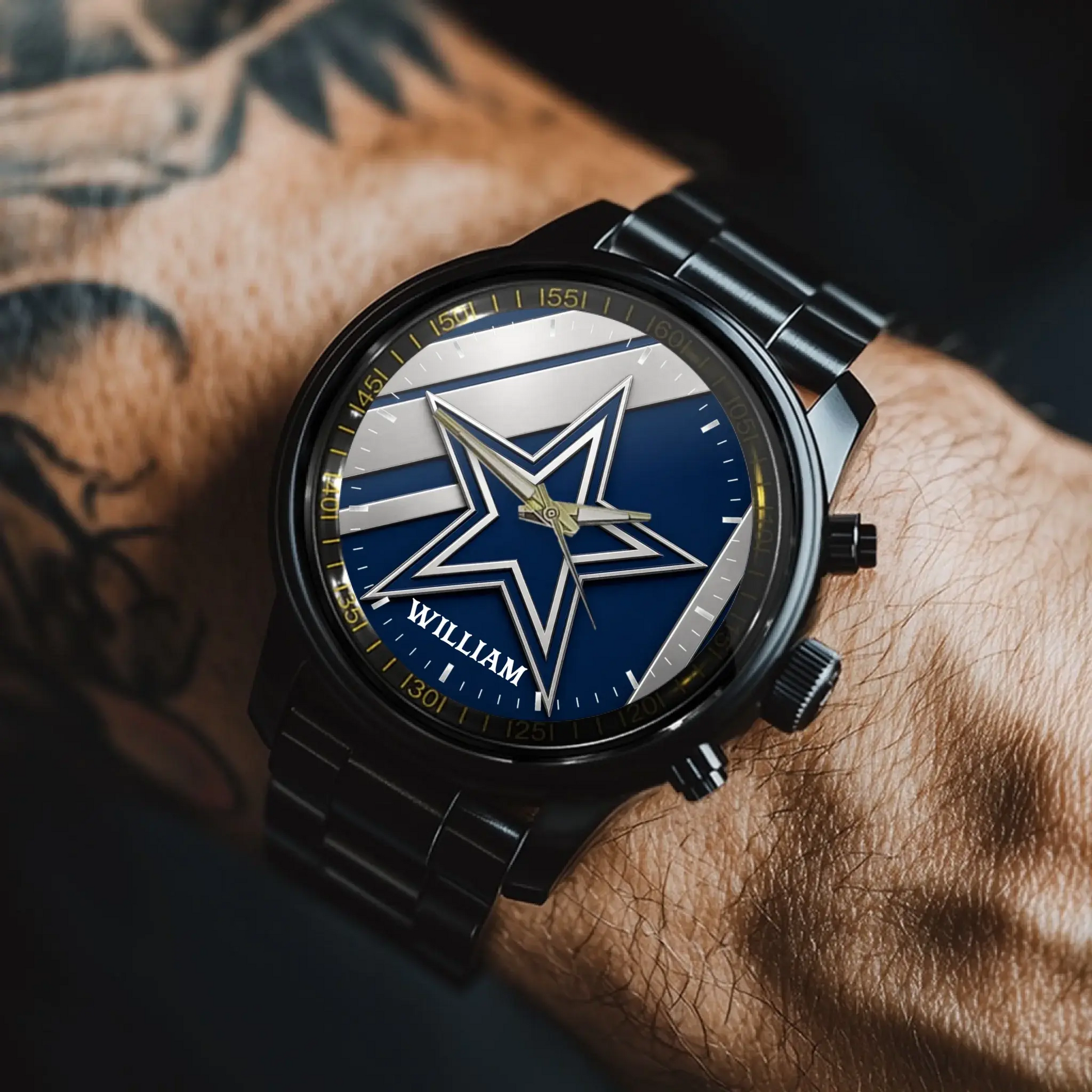 Football fan wearing a personalized blue and silver men's custom name watch