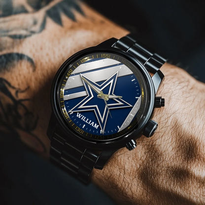 Football fan wearing a personalized blue and silver men's custom name watch