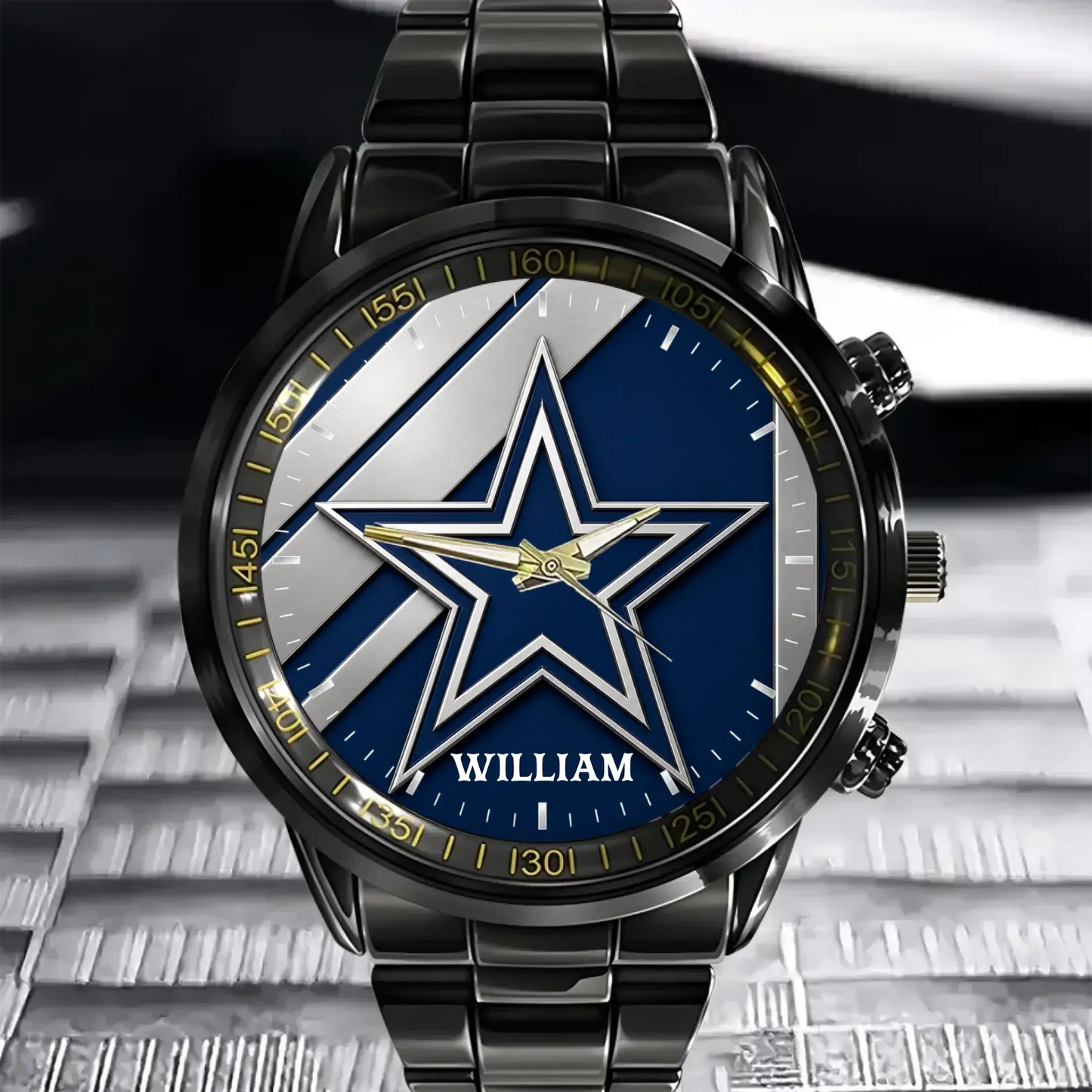 Close-up of personalized Dallas football men's watch with black metal strap on stone background