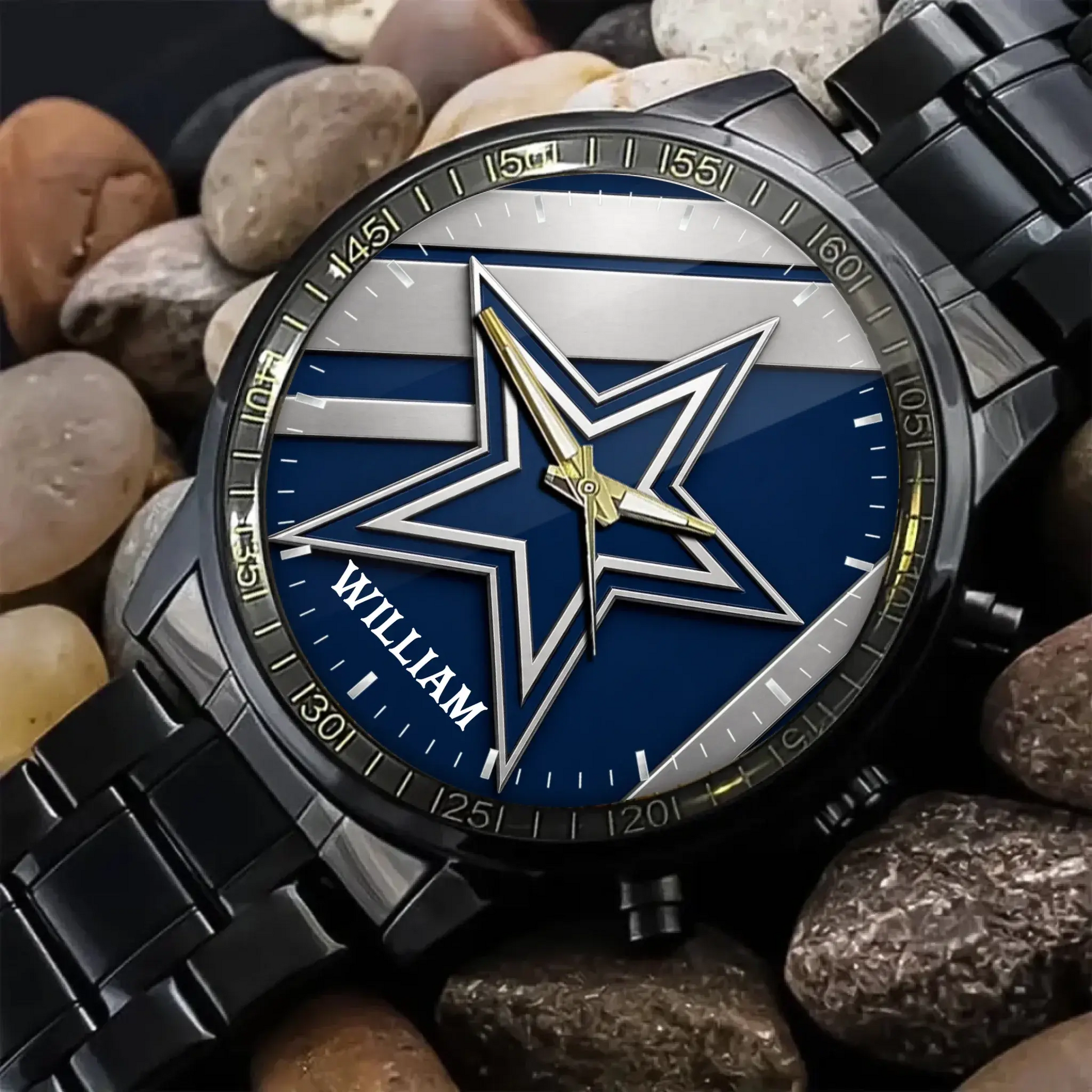 Two-tone silver and gold luxury football watch with personalized name dial