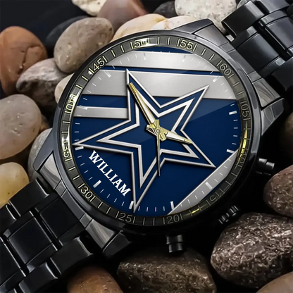 Two-tone silver and gold luxury football watch with personalized name dial