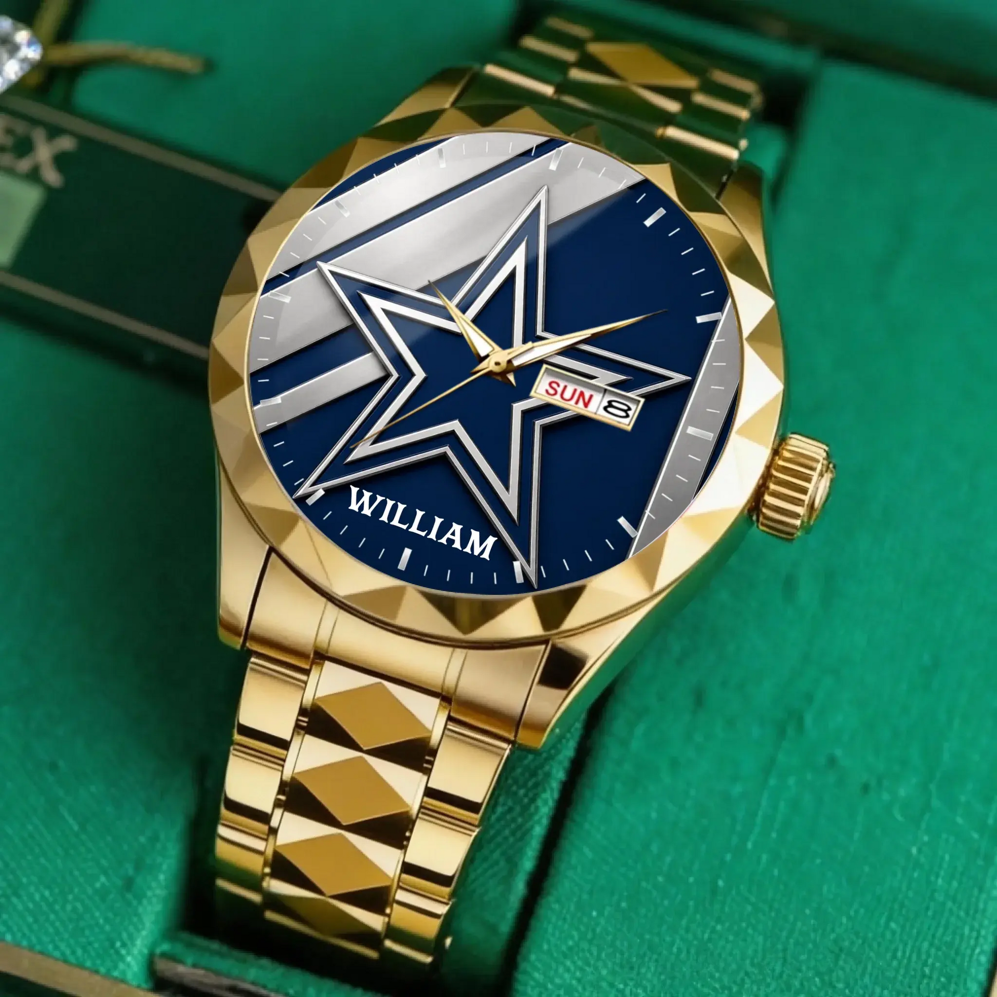 Two-tone silver and gold luxury football watch with personalized name dial