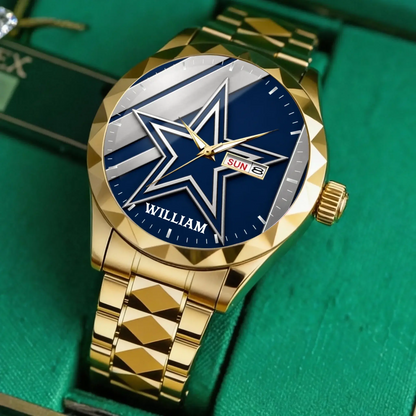 Two-tone silver and gold luxury football watch with personalized name dial