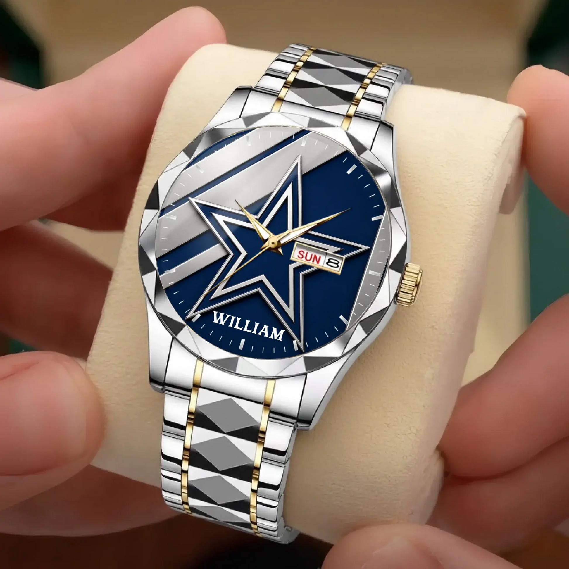 Personalized men's football watch with custom name, silver case, and black leather strap