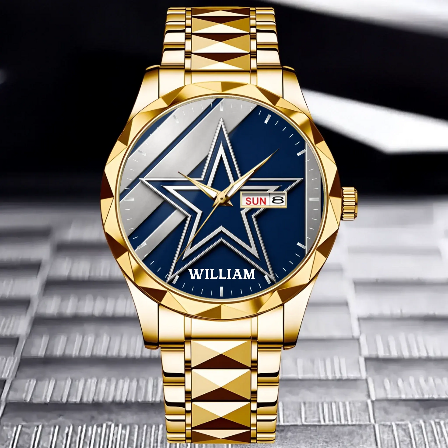 Gold luxury personalized Dallas football watch with custom name and metal link bracelet