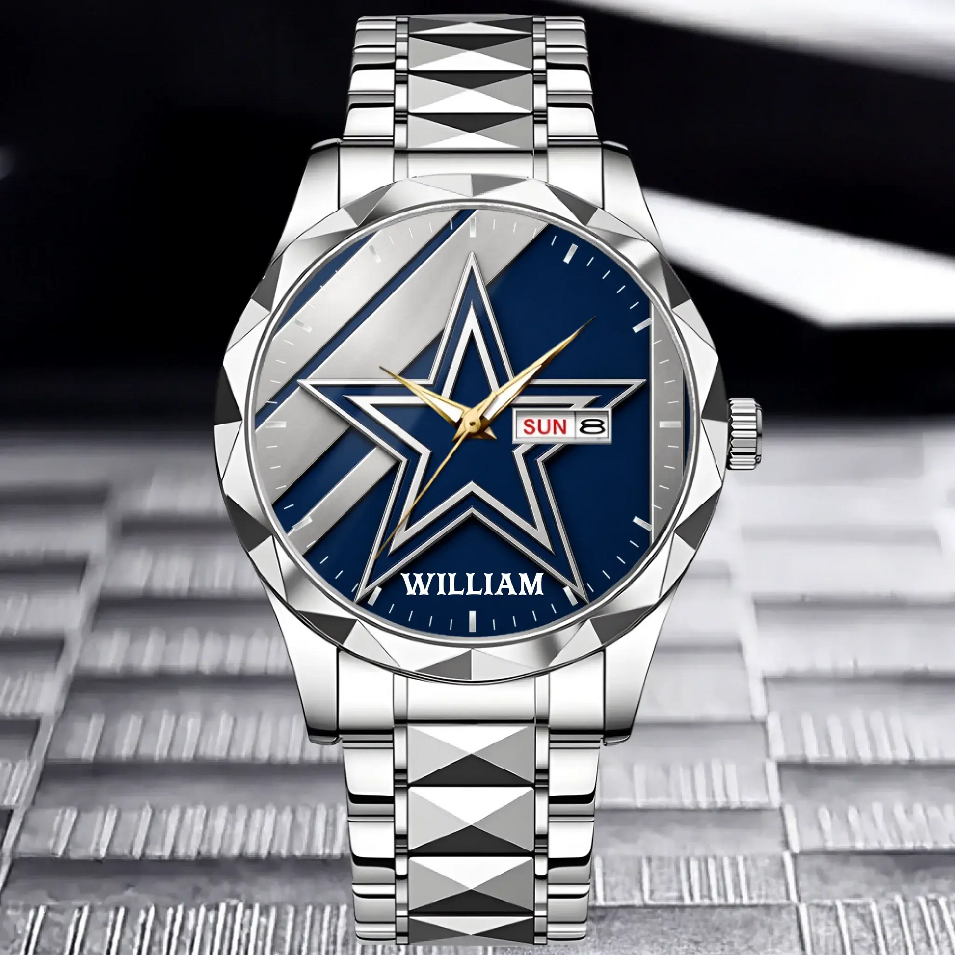 Silver luxury personalized Dallas football watch with custom name and metal link bracelet