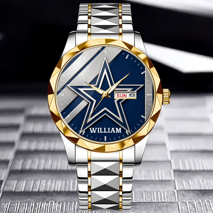 Two-tone silver and gold personalized Dallas football watch with custom name dial