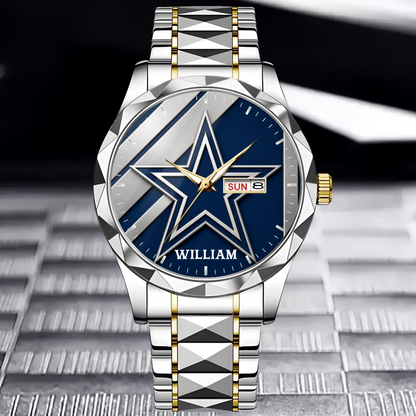 Two-tone silver and gold personalized Dallas football watch with custom name and chain-link bracelet