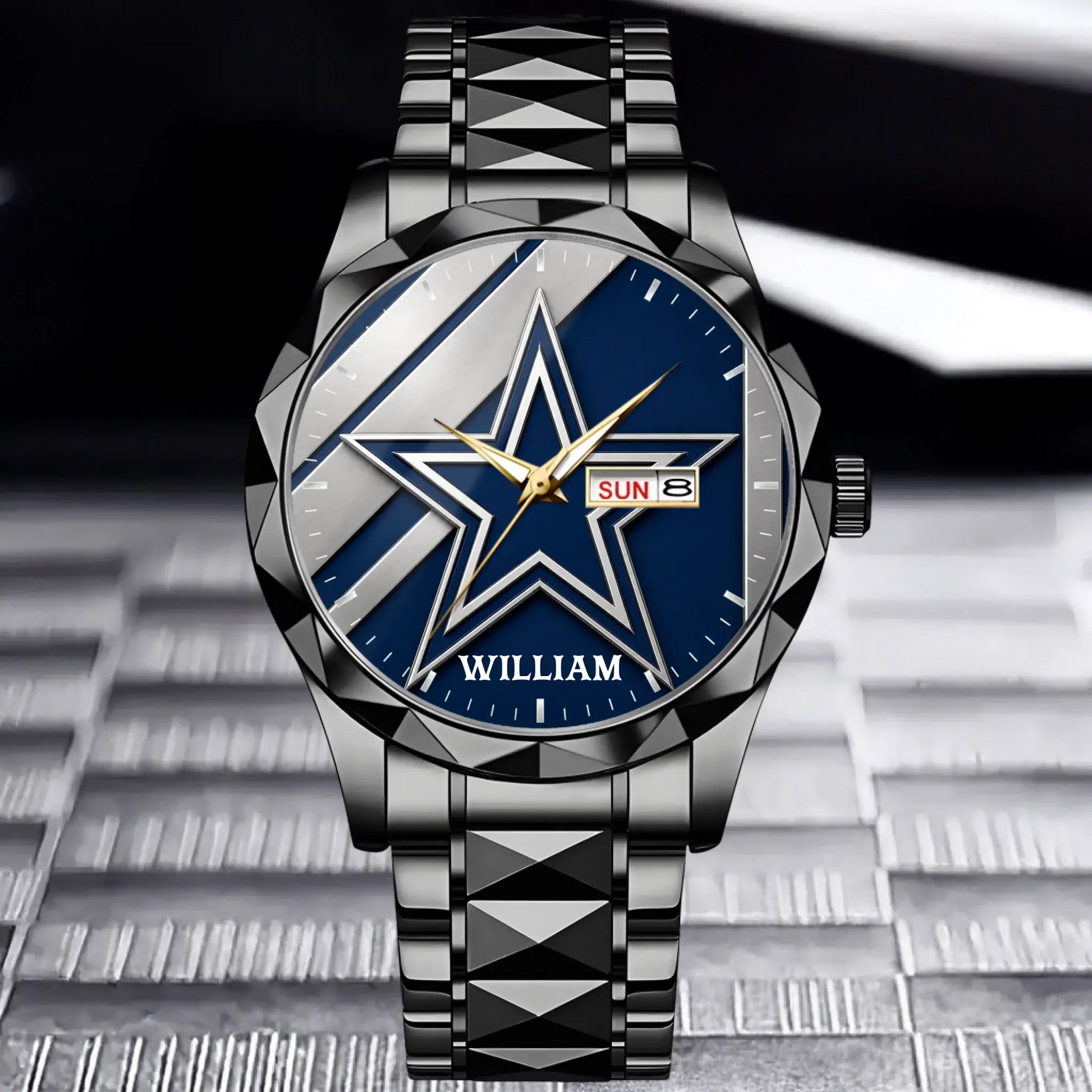 Black luxury personalized Dallas football watch with custom name and metal link bracelet
