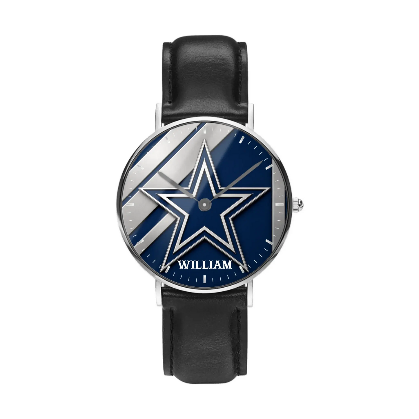 Personalized women's blue and silver Dallas football watch with custom name and black leather strap