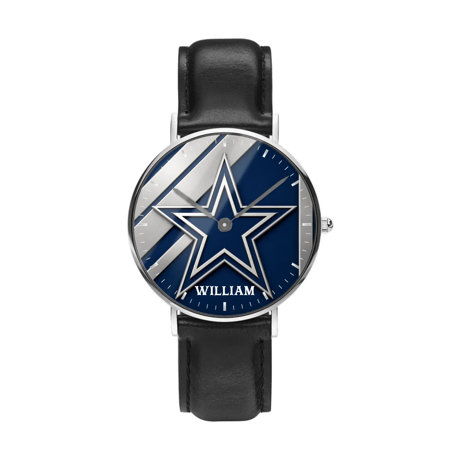 Personalized women's blue and silver Dallas football watch with custom name and black leather strap