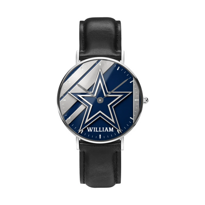 Personalized women's blue and silver Dallas football watch with custom name and black leather strap