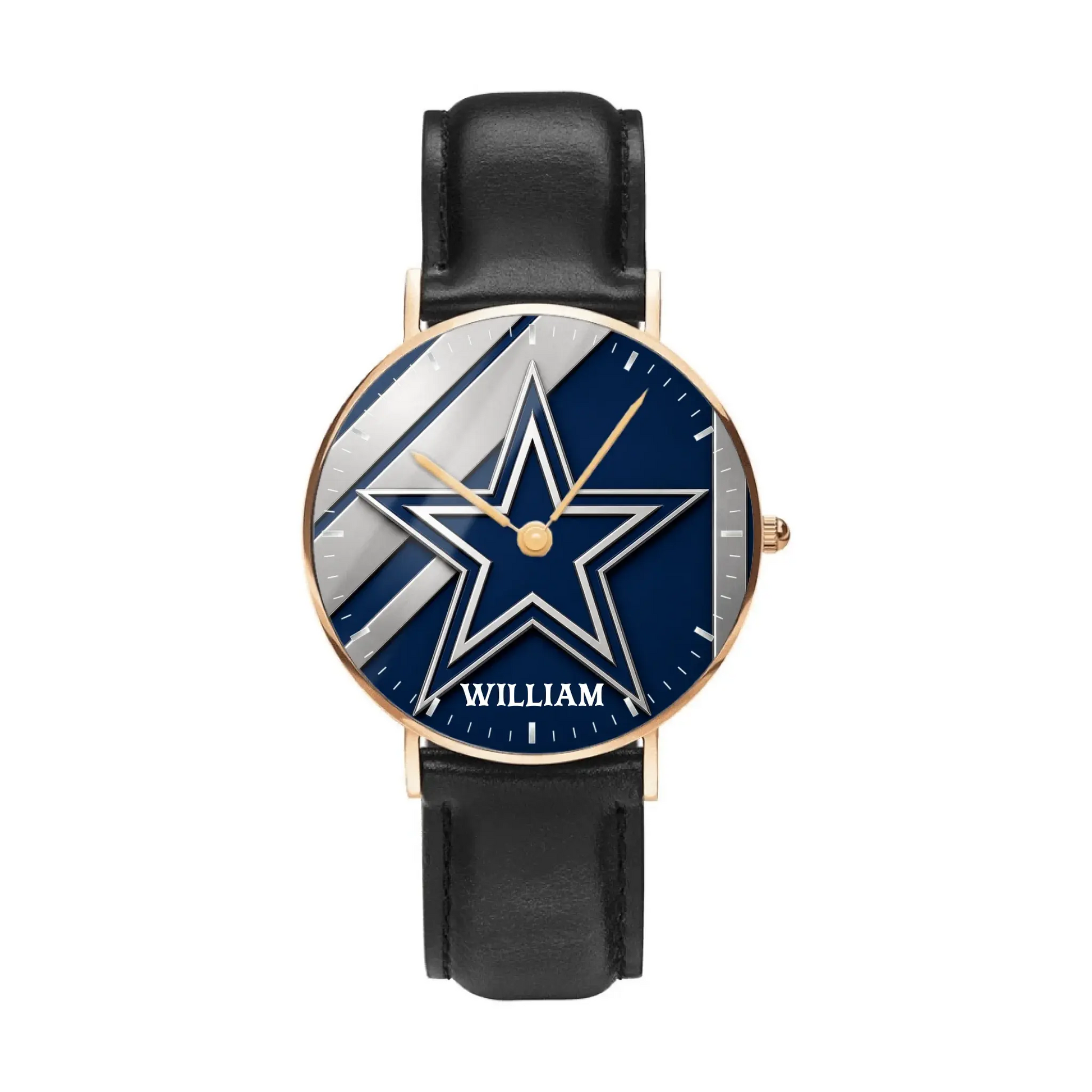 Personalized women's Dallas football watch with custom name, gold case, and black leather strap