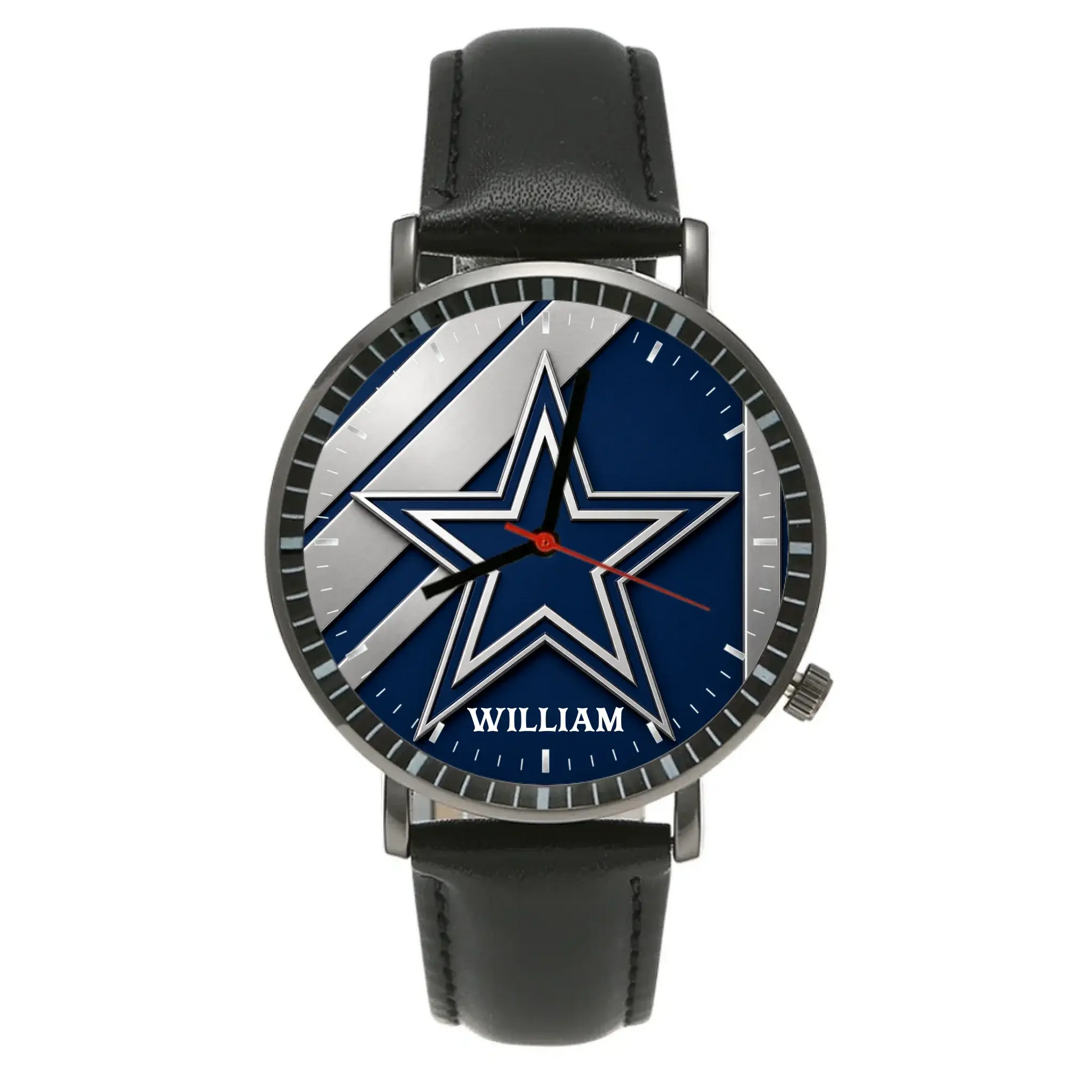 Personalized men's Dallas football watch with custom name, black case, and black leather strap