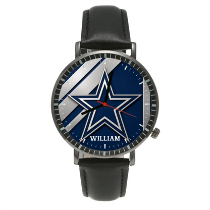 Personalized men's Dallas football watch with custom name, black case, and black leather strap