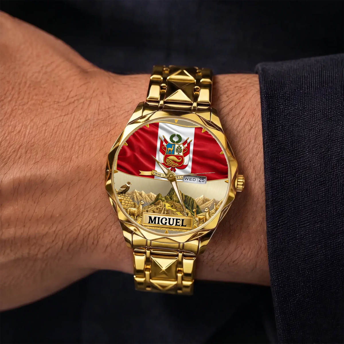 Personalized Peruvian heritage watch - gold-tone faceted bracelet shown on the wrist