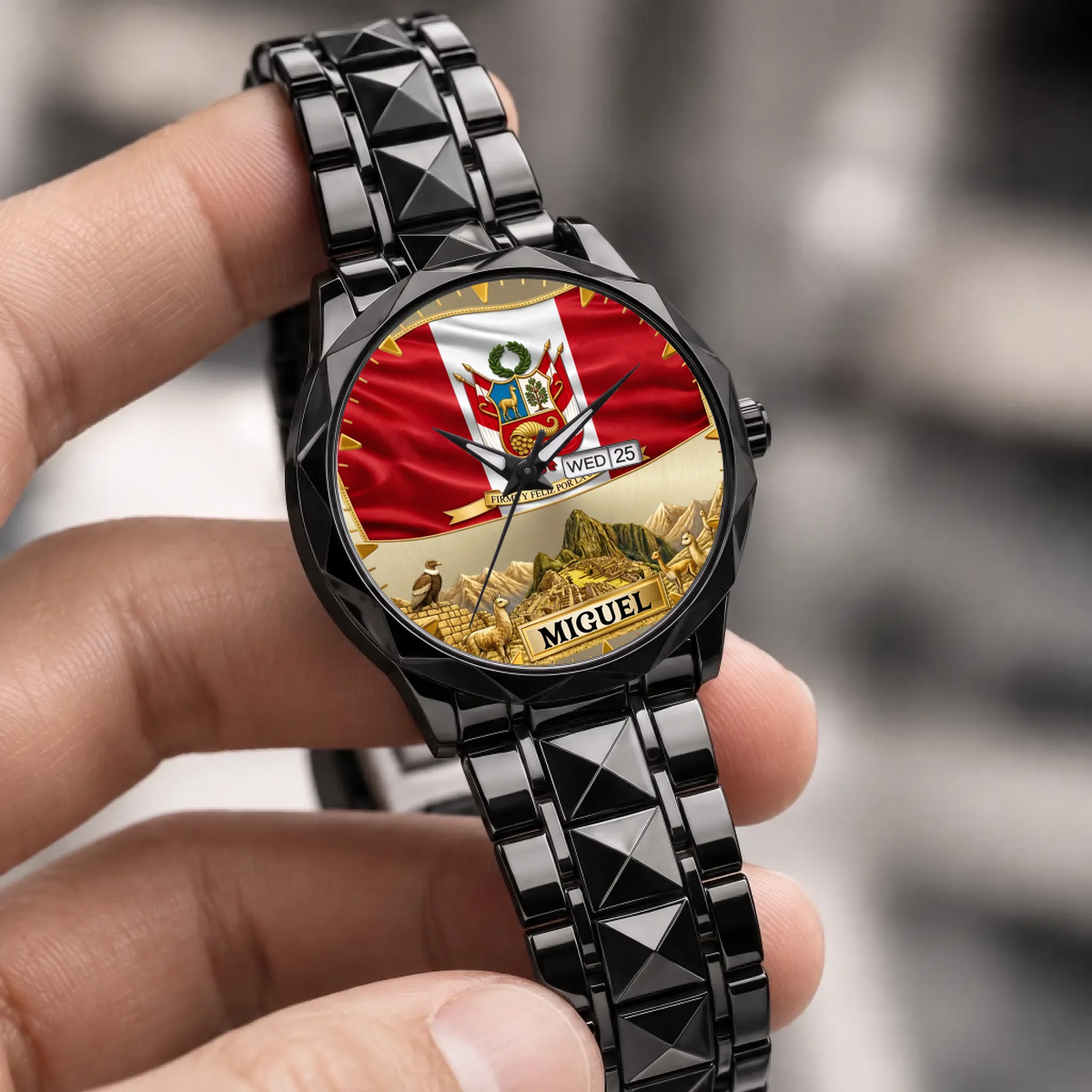 Personalized Peruvian heritage watch - black faceted bracelet held in a hand