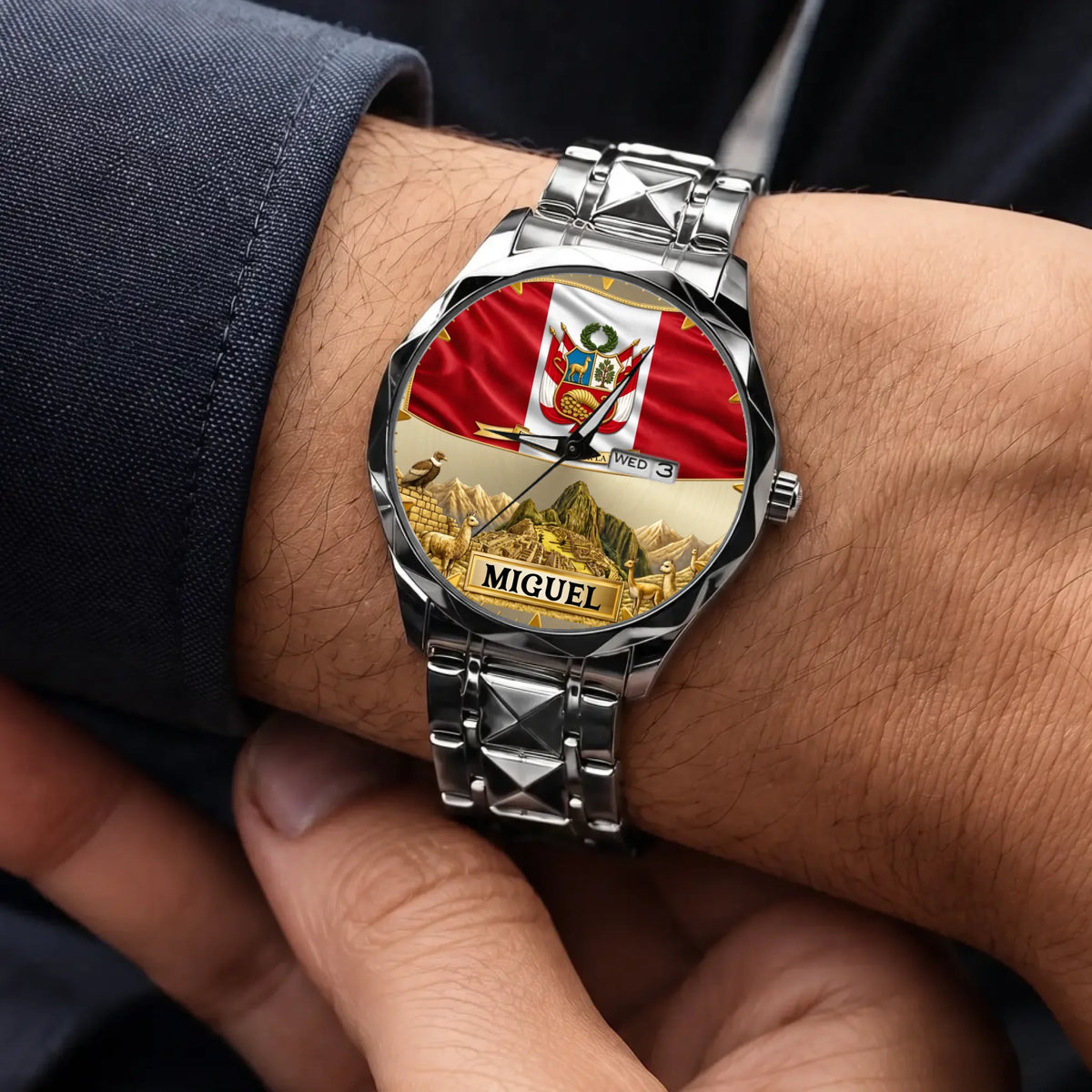 Personalized Peruvian heritage watch - silver-tone faceted bracelet worn with a suit
