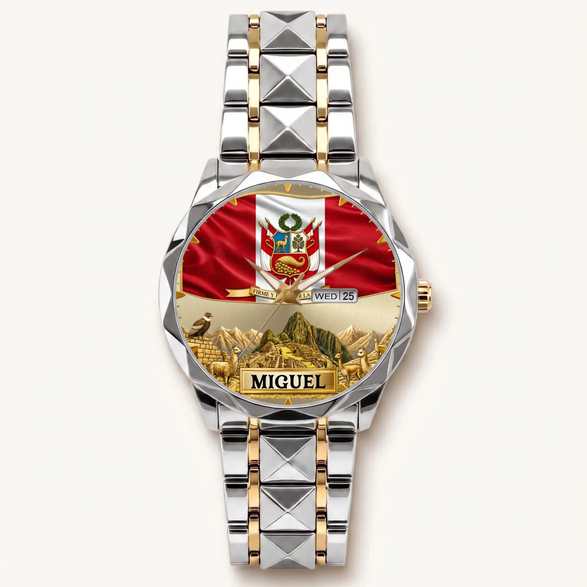 Personalized Peruvian heritage watch - two-tone bracelet with silver-tone bezel