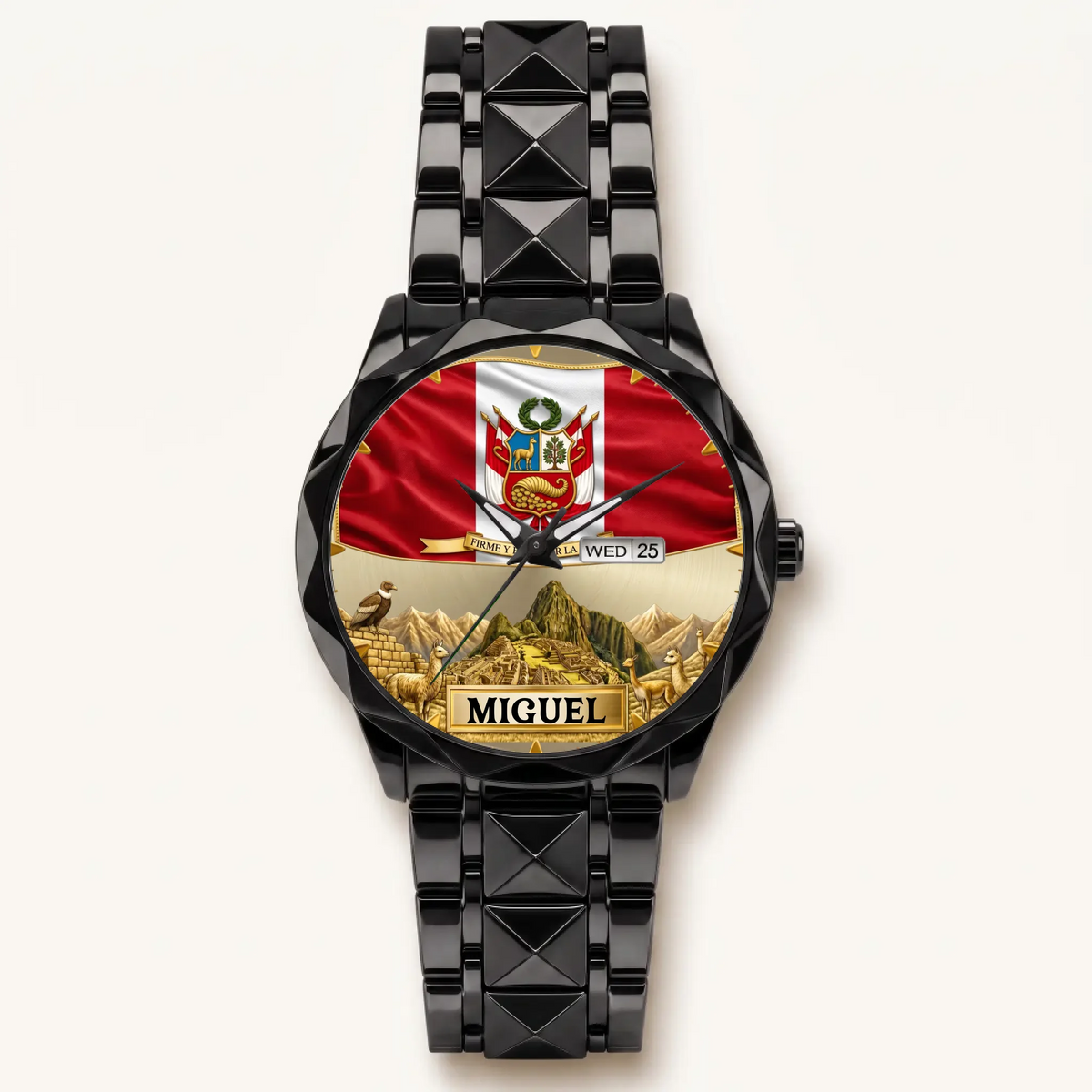 Personalized Peruvian heritage watch - black faceted bracelet and day-date display