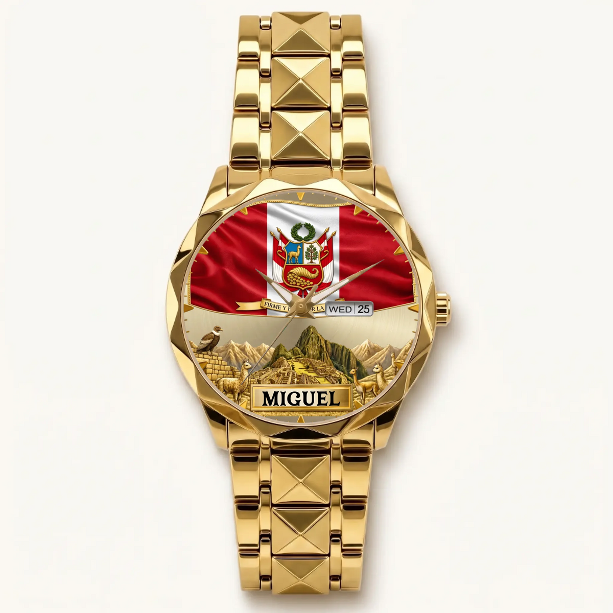 Personalized Peruvian heritage watch - gold-tone faceted bracelet and day-date display